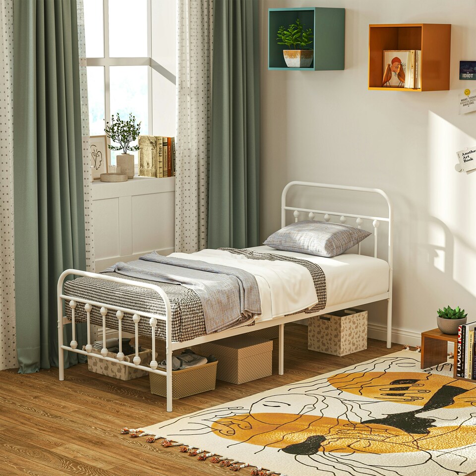 image 1 of HOMCOM 3ft Metal Single Platform Bed Frame w/ Underbed Storage Headboard White