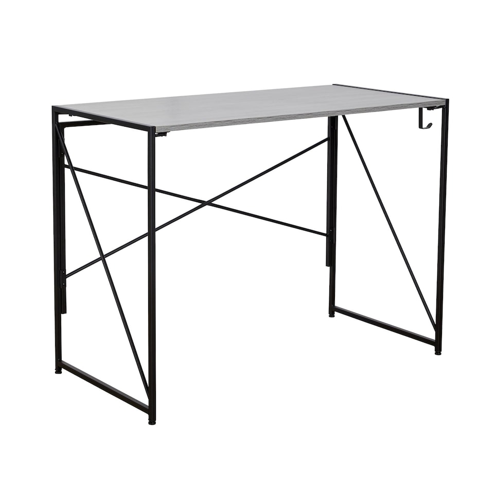 image 1 of Folding Compact Desk Storage Hook Wood Metal Office Computer Table Workstation | Grey