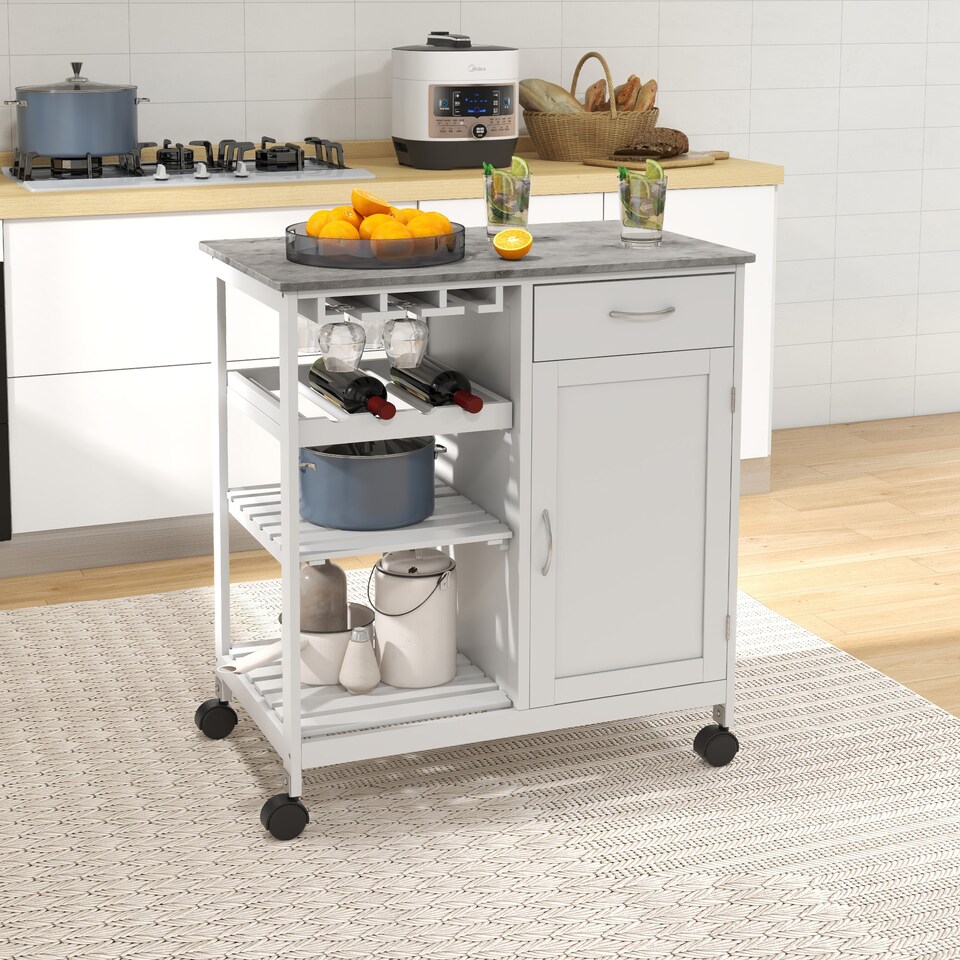 image 1 of HOMCOM Compact Kitchen Trolley Utility Cart on Wheels with Wine Rack, Drawer, Open Shelf and Storage Cabinet for Dining Room, White