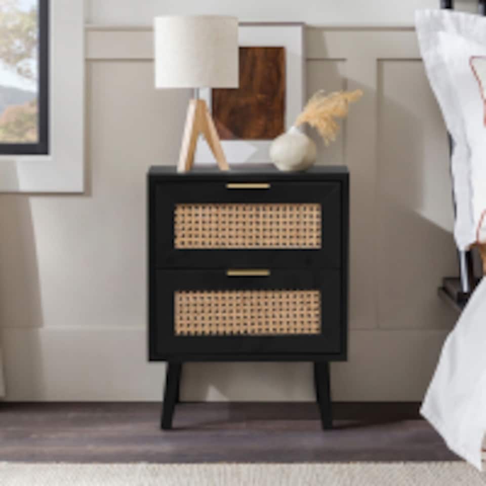 image 1 of Modern Black Rattan Bedside Table with 2 Drawers - Bedside Cabinet for Bedroom & Living Room (W40 x D30 x H52cm)