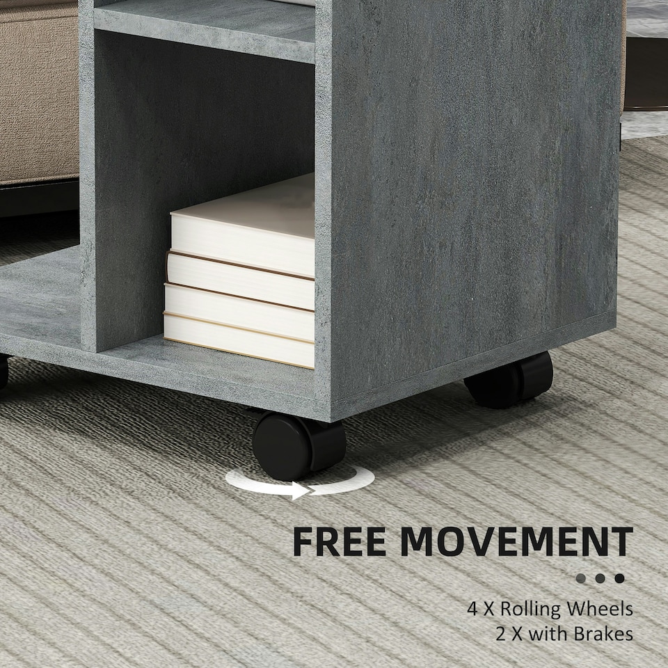 image 1 of C-Shape End Table Unique Storage Unit w/ 2 Shelves 4 Wheels Home Office Grey