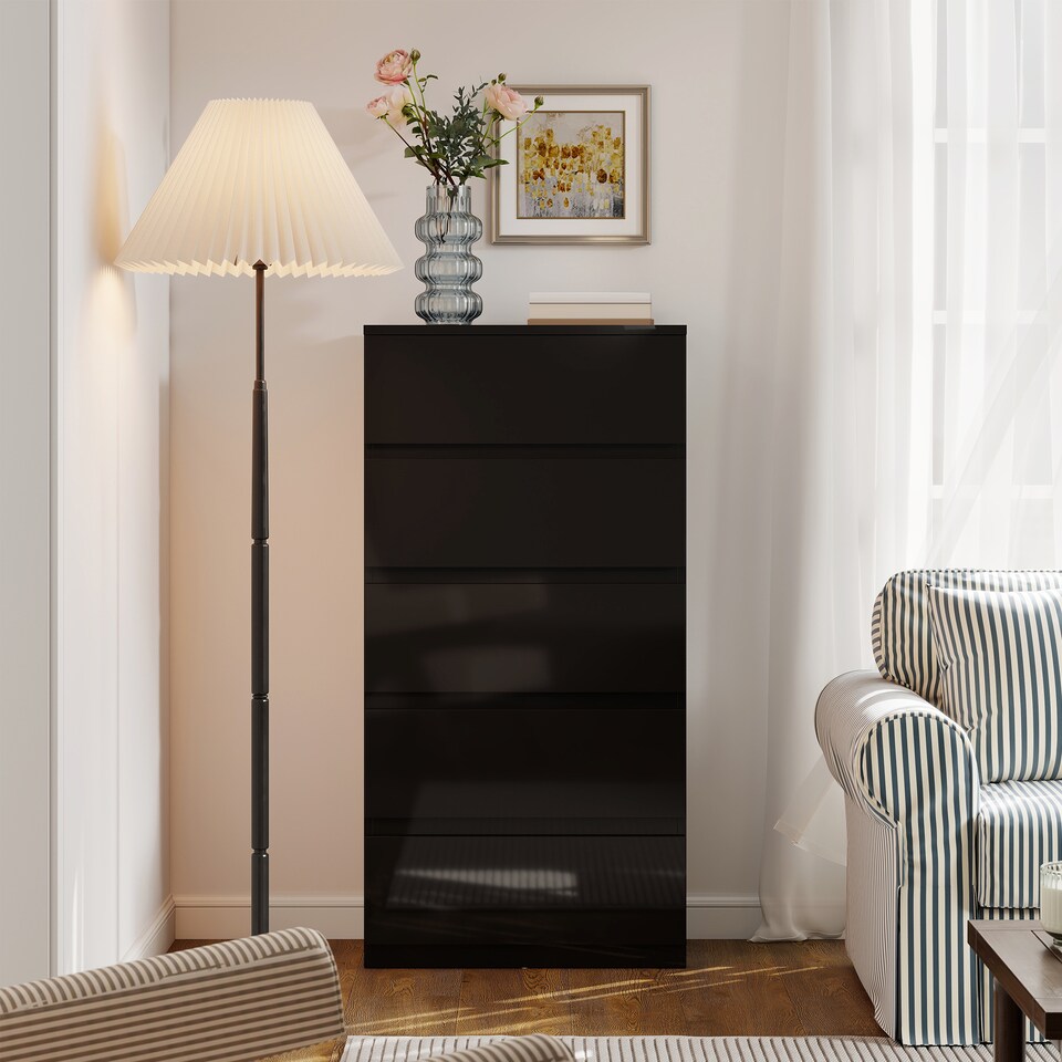 image 1 of HOMCOM Bedroom Chest of Drawers, 5 Drawers Dresser, Drawer Unit, Black | Black | Black | 55W x 34D x 100H cm
