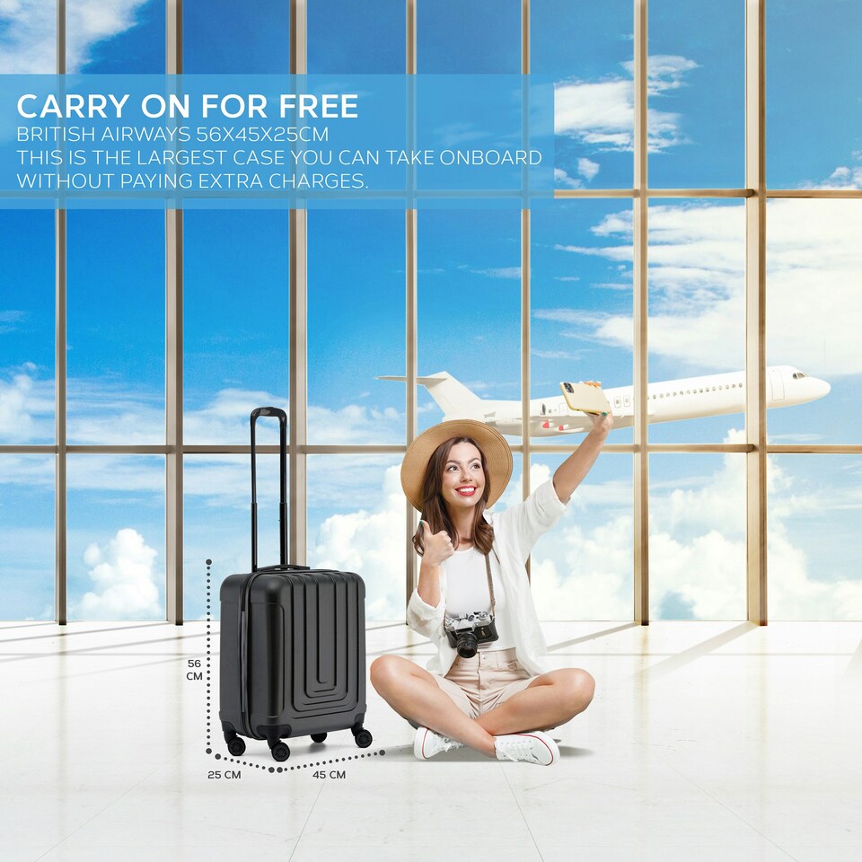 image 1 of Flight Knight Premium Hard Shell Lightweight Cabin Suitcase - 8 Spinner Wheels - Built-in TSA Lock & USB Port - easyJet Large Cabin Approved - 56x45x25cm Black | Black | Cabin Bag
