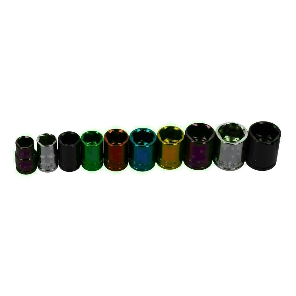image 1 of 20pc Coloured 3/8" Dr Shallow & Deep Sockets 6 Point Hex Metric 10 - 19mm Rails