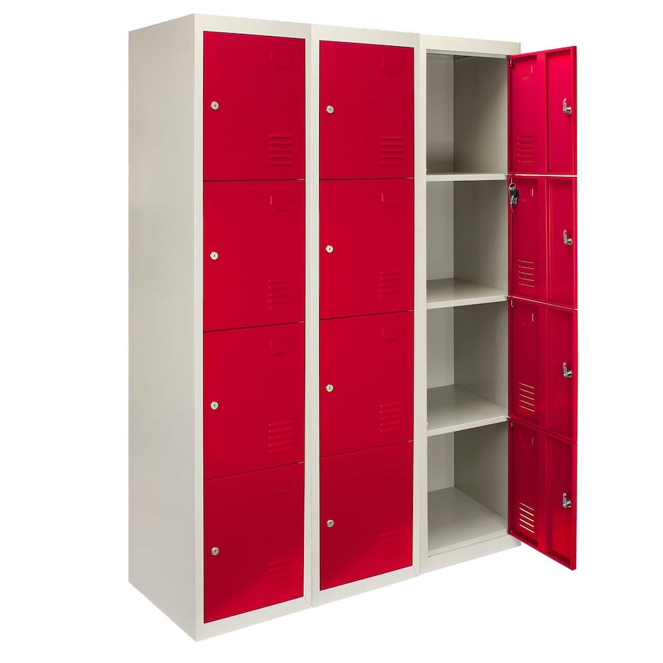 image 1 of 3 x Metal Storage Lockers - Four Doors, Red - Flatpack Red