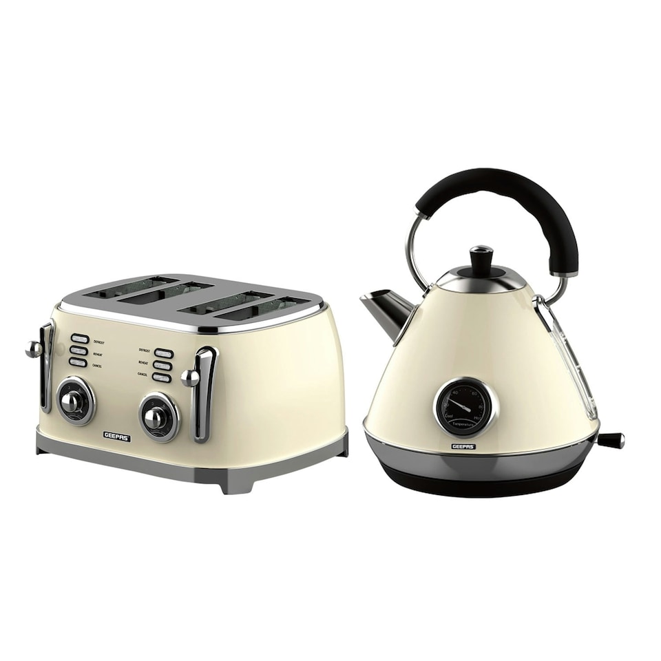 image 1 of GEEPAS 1.7L Electric Kettle & 4 Slice Bread Toaster Kitchen Combo Set | Cream Retrovive | Cream