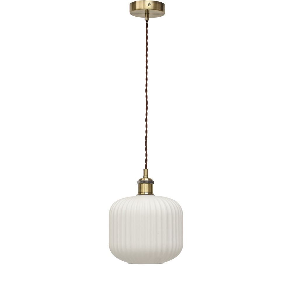 Bento - White Ribbed Glass Antique Brass Retro Pendant Fitting