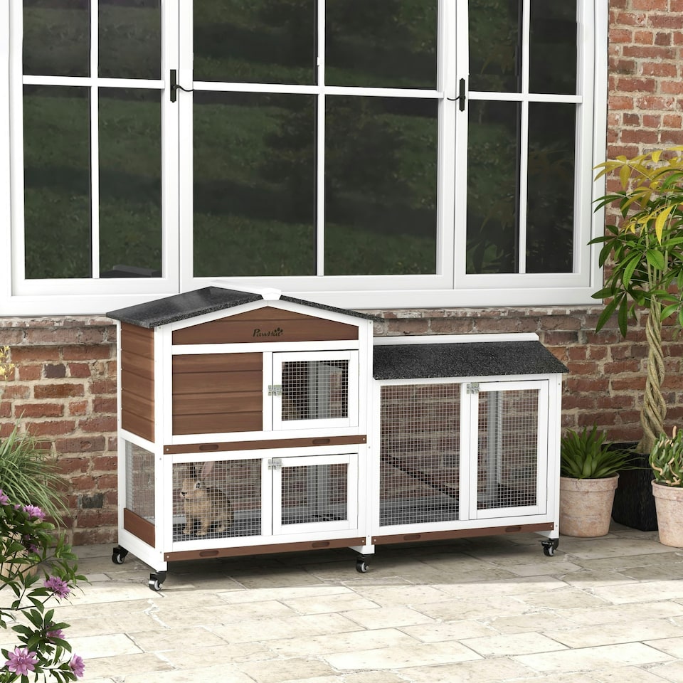 image 1 of PawHut Rabbit Hutch, Bunny Cage Outdoor 2-Tier w/ Wheels & Tray, Brown