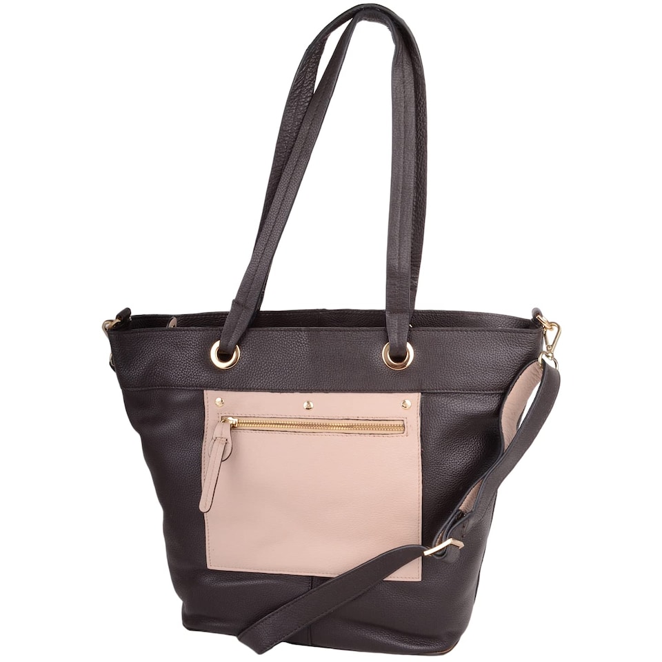 image 1 of London Leathergoods Womens Premium Genuine Leather Large Shoulder Tote Handbag with Contrasting Colours | Brown | Dark Brown/Beige