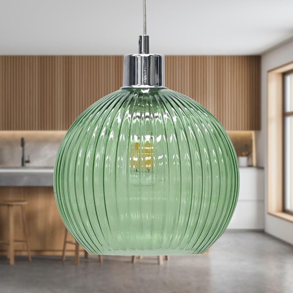 image 1 of Betchley - Green Ribbed Glass Globe Easy Fit Pendant Shade | Green | Medium | 1