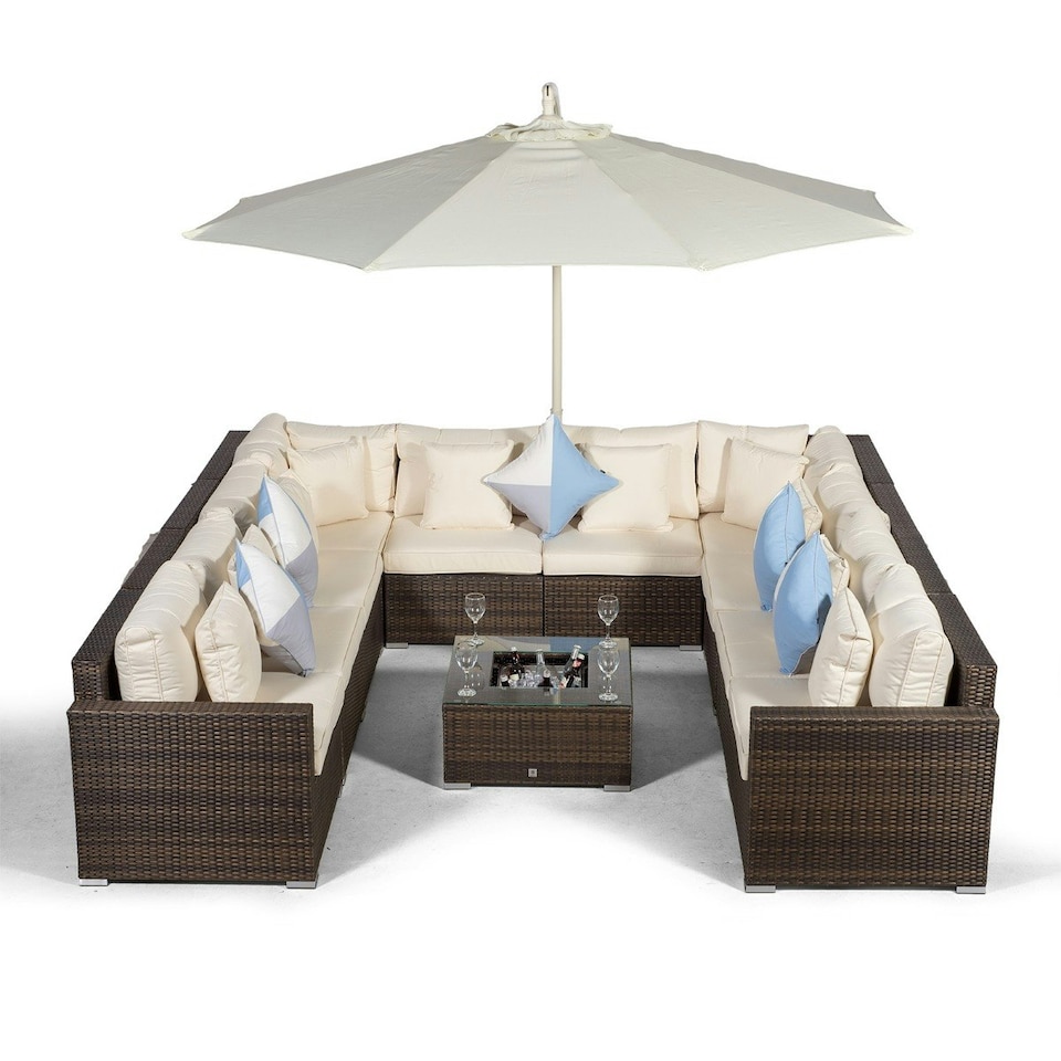 image 1 of Havana 10 Seat Rattan Sofa Conversation Set with Ice Bucket Coffee Table Brown | Ivory