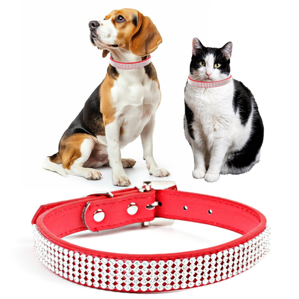 image 1 of Trimming Shop Diamante Dog Collar, PU Leather Pet Collar, Dog Belt