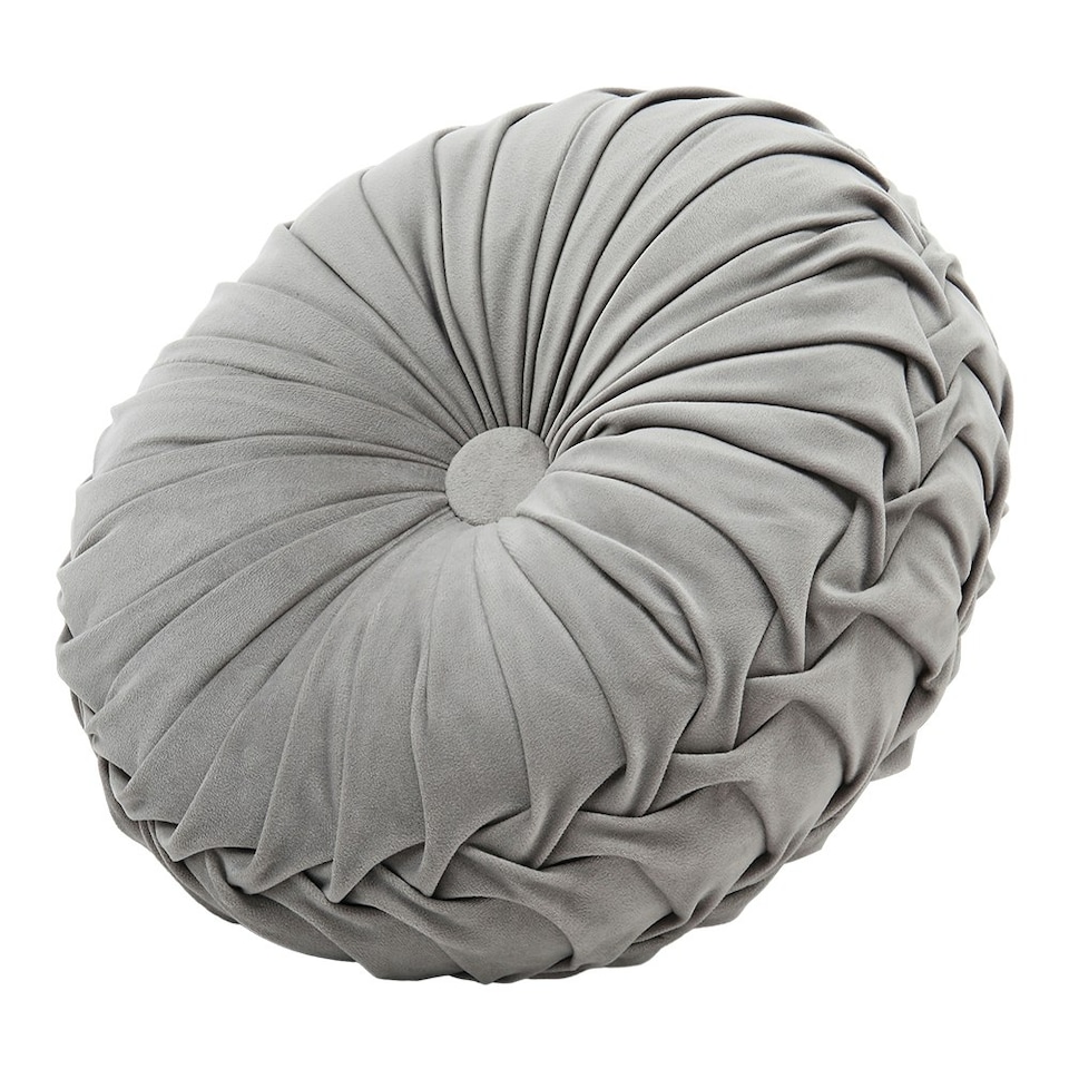 image 1 of Living and Home Round Pleated Pumpkin Velvet Cushion, Grey, 35cm