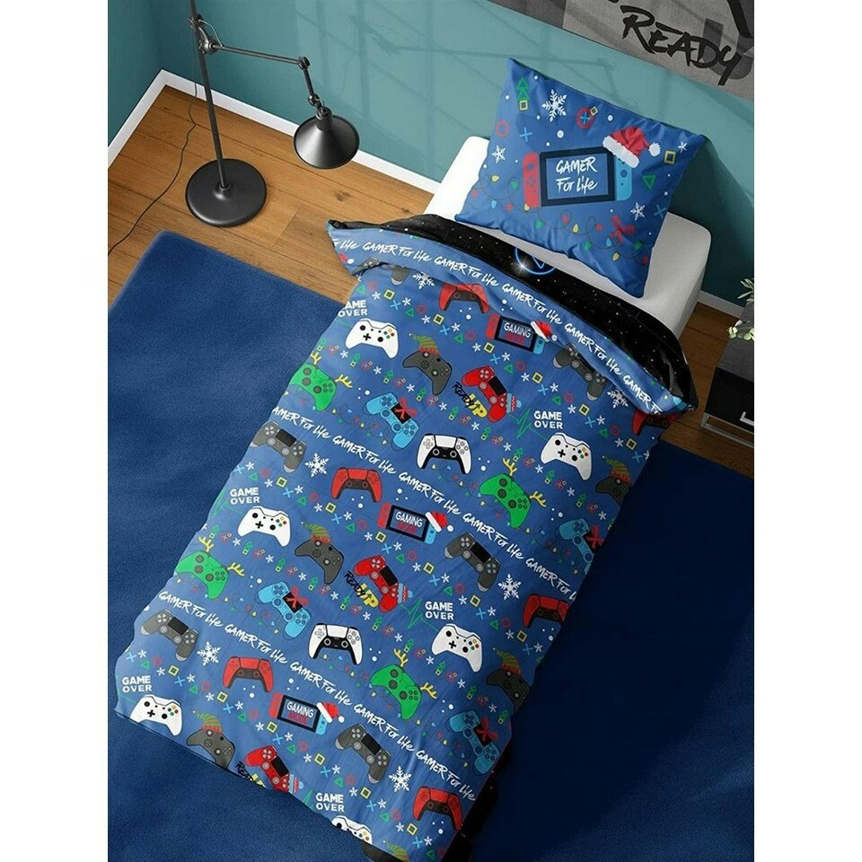 image 1 of Gamer For Life Christmas Duvet Cover Set - Black/Blue - Single Black | Single