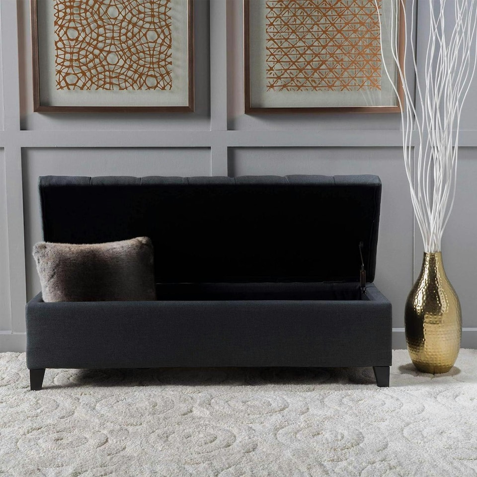 image 1 of Dark Grey Fabric Tufted Ottoman Storage Bench Grey