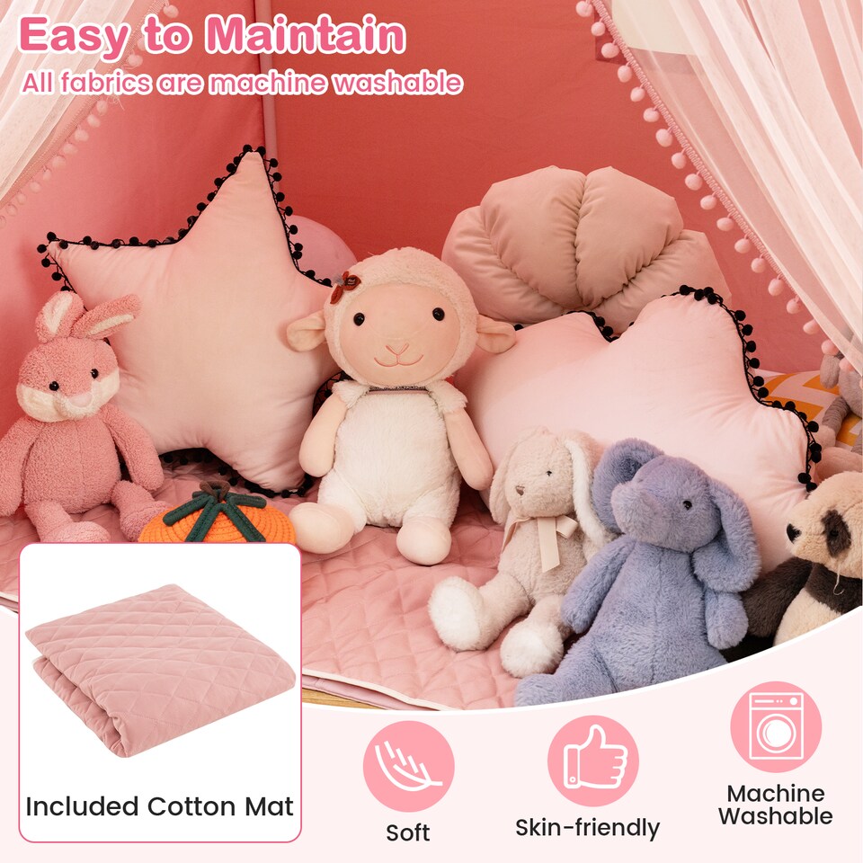 image 1 of COSTWAY Kids Play Tent 3-4 Kids Large Play Tent House w/Screen Curtains-Pink