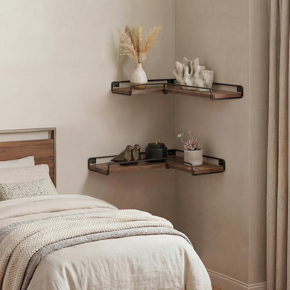 image 1 of Levede Floating Shelves Set 2PC L-Shaped Corner Shelf Wall Mounted Wood Brown