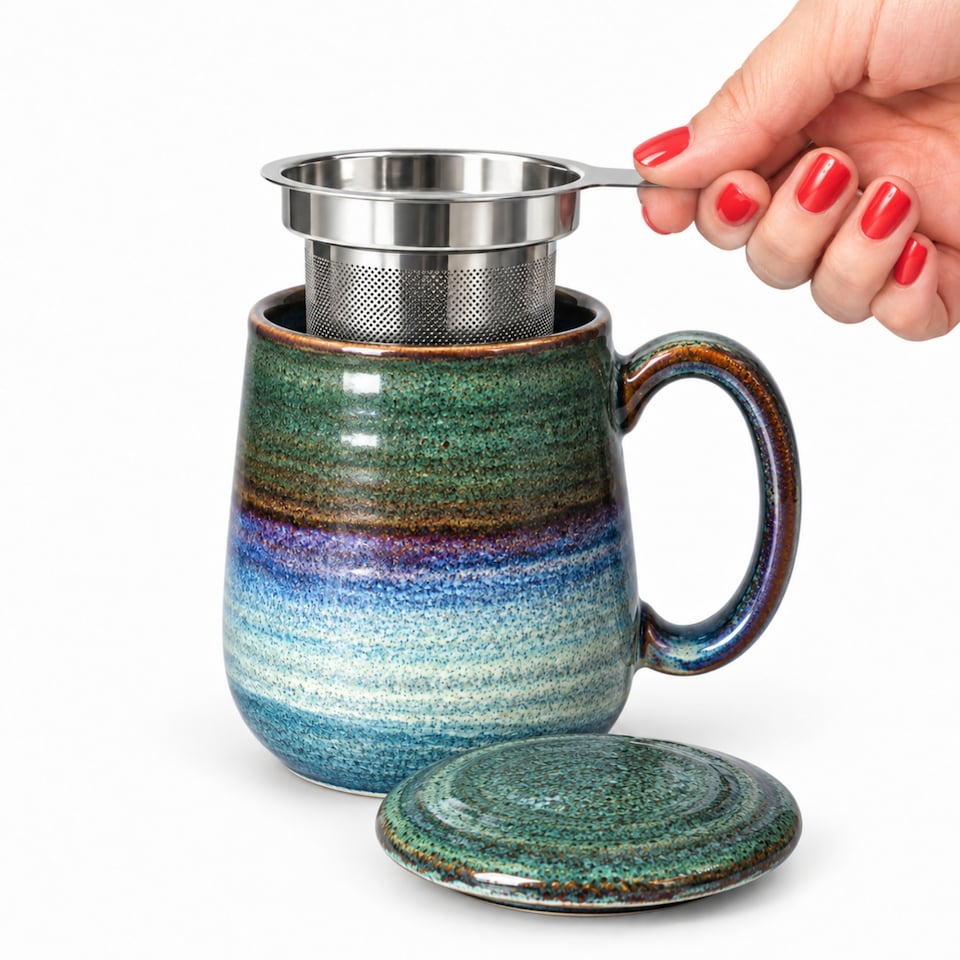 image 1 of Skandi Home 600ml Ocean Teal Reactive Glaze Ceramic Aska Infuser Mug with Lid