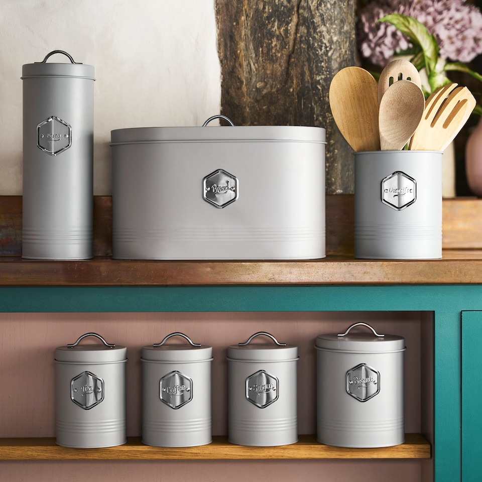 image 1 of Cooks Professional 7pc Tea, Coffee, Sugar, Biscuit, Pasta, & Bread Bin Canister Set | Grey | Grey & Silver
