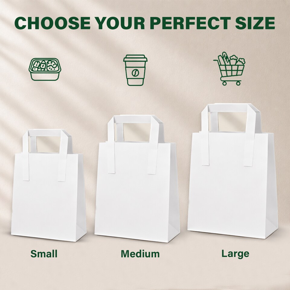 image 1 of ECONX White Kraft Paper Bags With Handles Medium Size SOS Takeaway Grocery Party Carrier Bags x 100pc