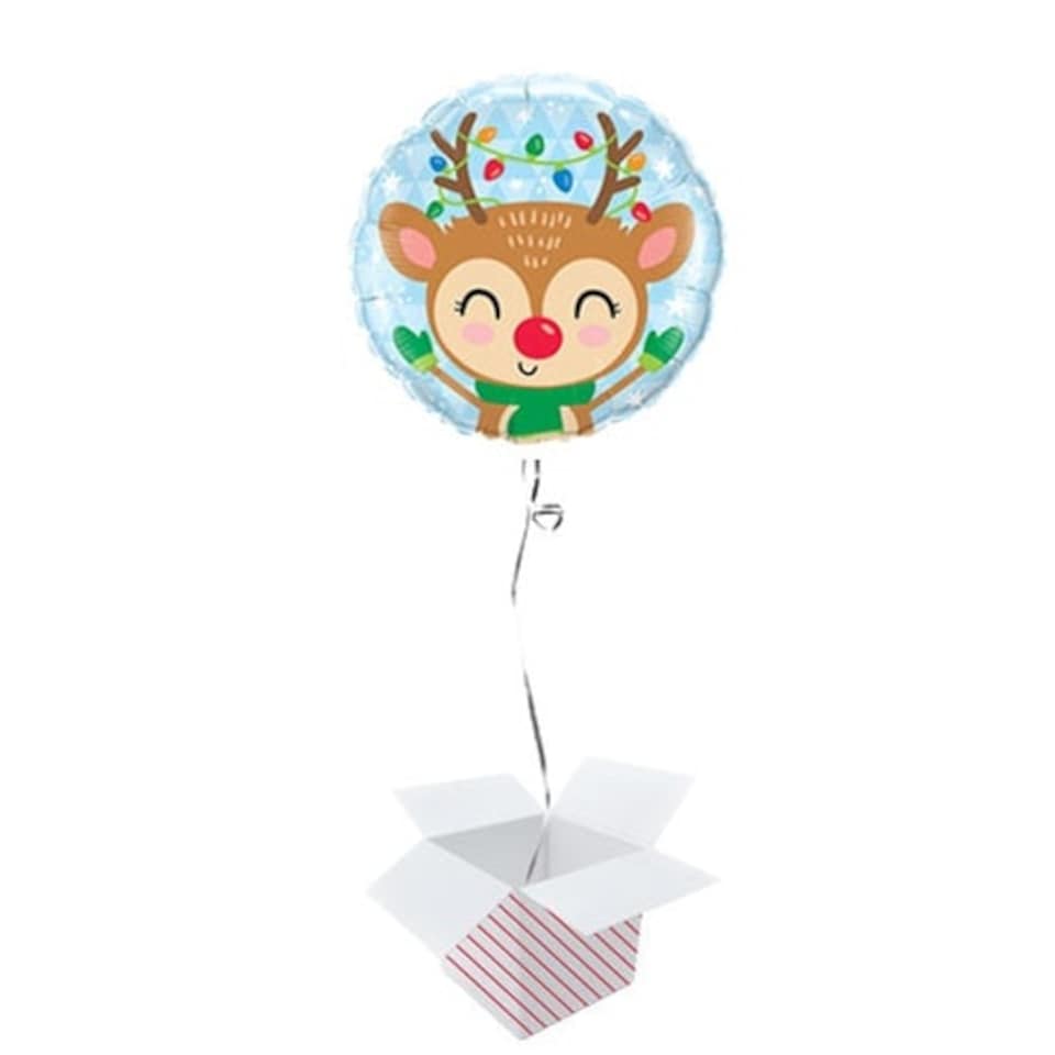 Reindeer & Lights Christmas Round Foil Helium Balloon - Inflated Balloon in a Box