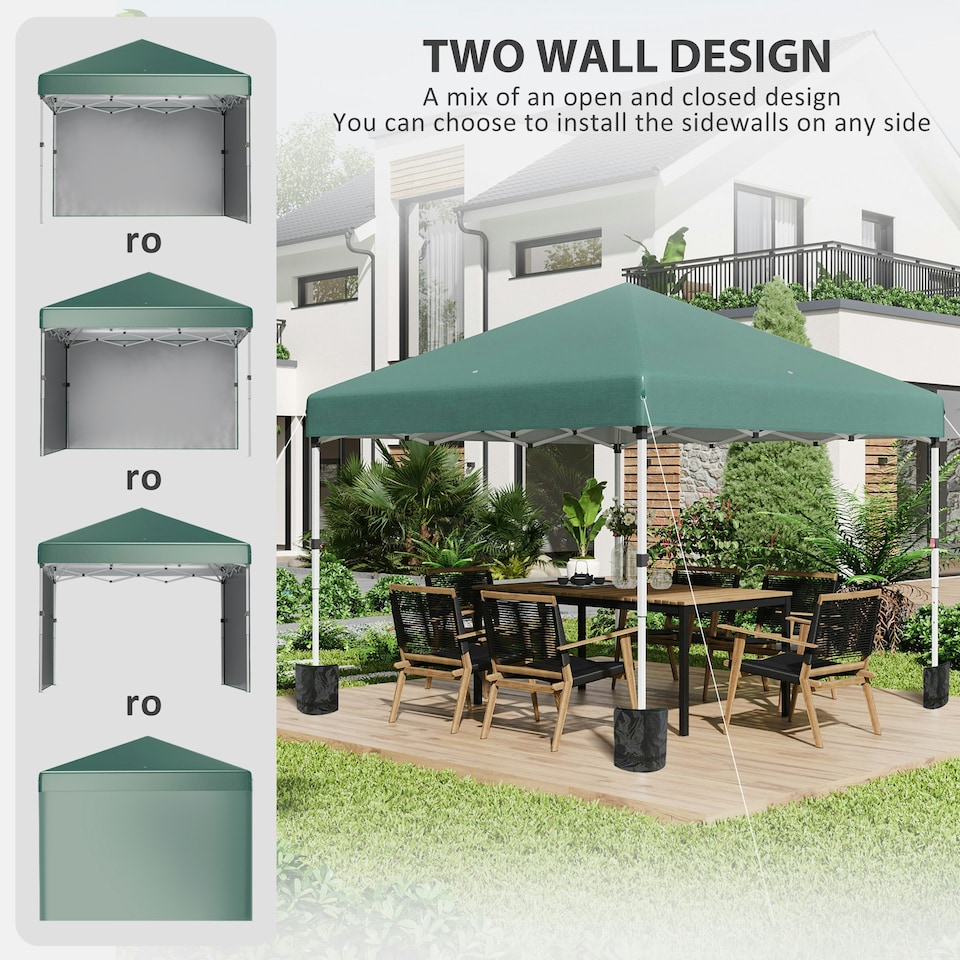 image 1 of Outsunny 3x3 (M) Pop Up Gazebo Party Tent w/ 2 Sidewalls, Weight Bags, Green