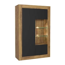 Display Cabinet Sideboard Storage Unit Oak Matt Body Black Matt Doors Glass Shelves Modern Cupboard 140cm