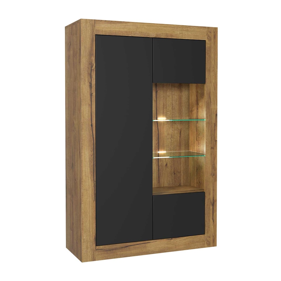 image 1 of Display Cabinet Sideboard Storage Unit Oak Matt Body Black Matt Doors Glass Shelves Modern Cupboard 140cm