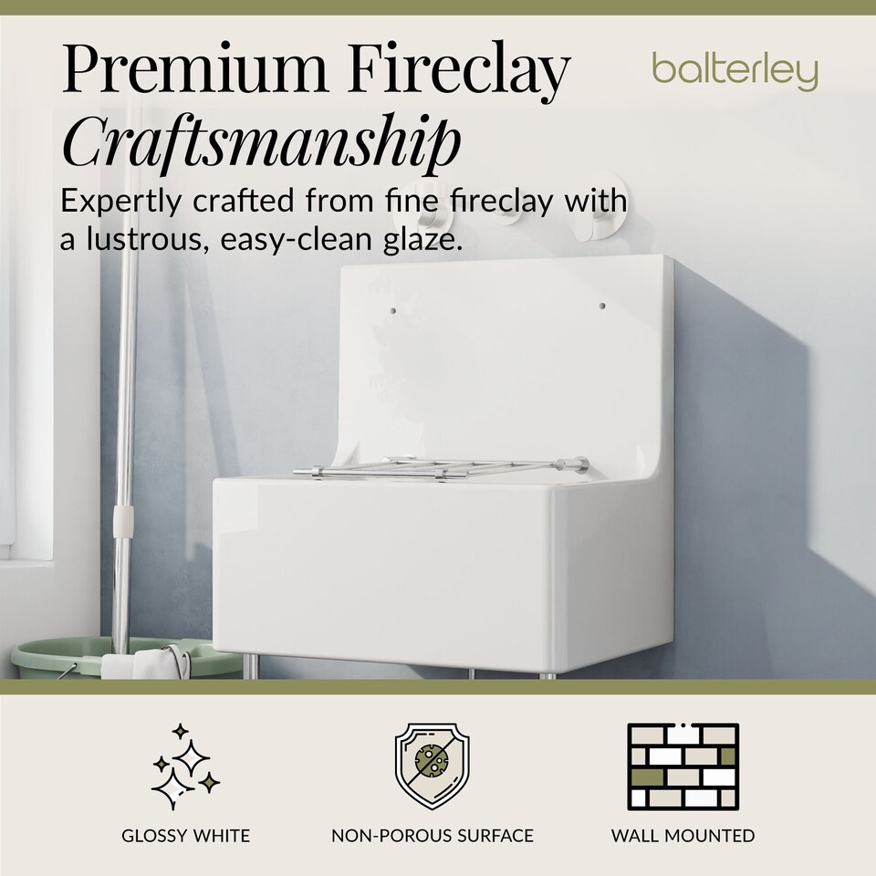image 1 of Balterley Single Bowl Fireclay Ceramic Cleaner Sink with Grill & Legs | White | White | 393 x 515 x 535mm | 1