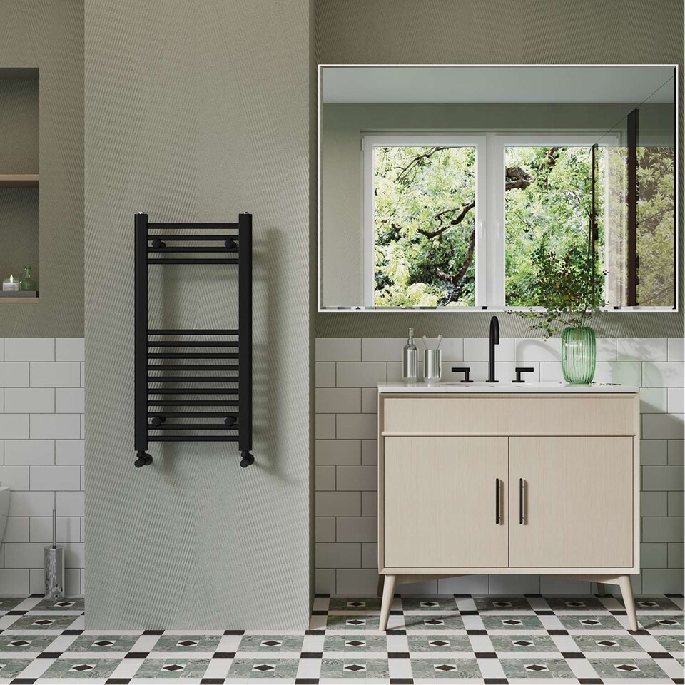 image 1 of Zennor Straight Heated Towel Rail Bathroom Radiator - Black - (H) 800mm x (W) 400mm