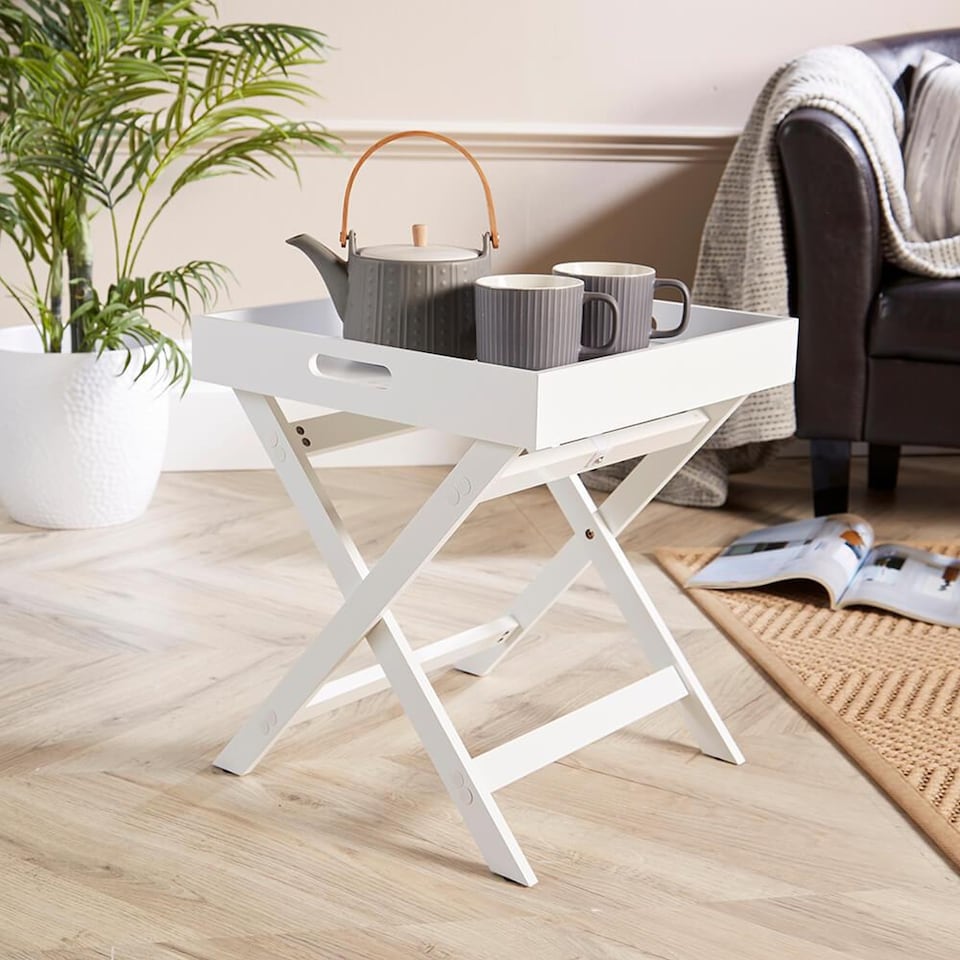 image 1 of Folding Butlers Side Table Portable Wooden Food Serving Tray | White