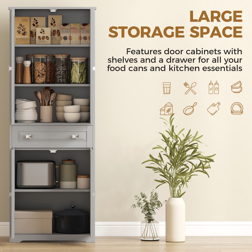 image 1 of HOMCOM Kitchen Cupboard Storage Cabinet Adjustable Shelves, Glass Door, Grey