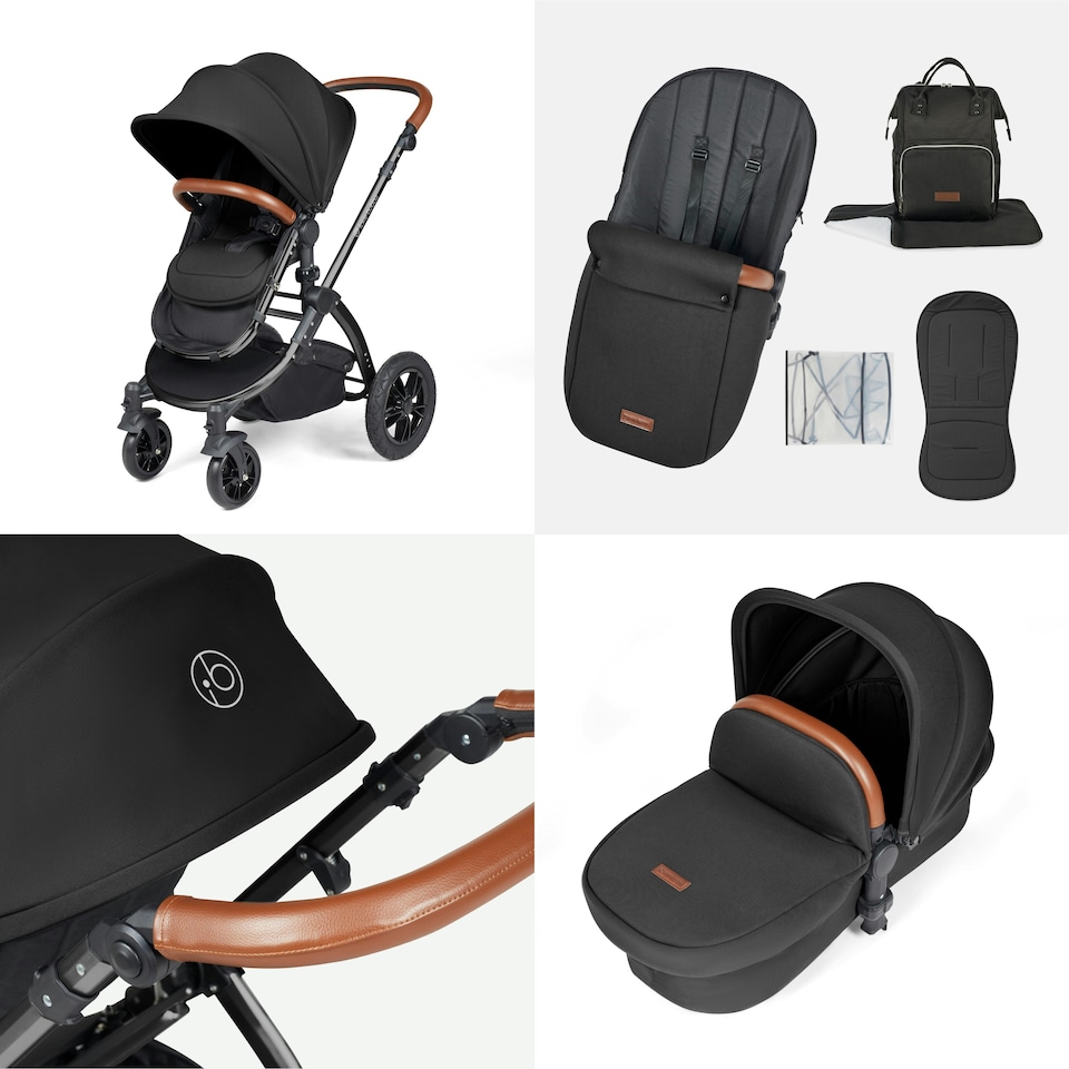 image 1 of Stomp Luxe 2-in-1 Pram – Birth to Approx. 4 Years, Foldable, All-Terrain, Rain Cover, Footmuff, Puncture-Proof Wheels & More (Black/Midnight/Tan)