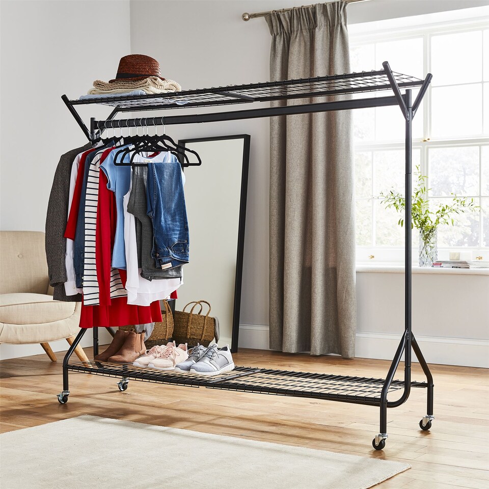 image 1 of House of Home Clothing Rail Heavy Duty Hanging Clothes Shoe Hat Rack Shelves With Wheels 6ft x 5ft | Black