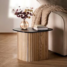 OHS Ribbed Round Oval Home Living Room Modern Decor Coffee Side End Table Multi | Light Wood and Black