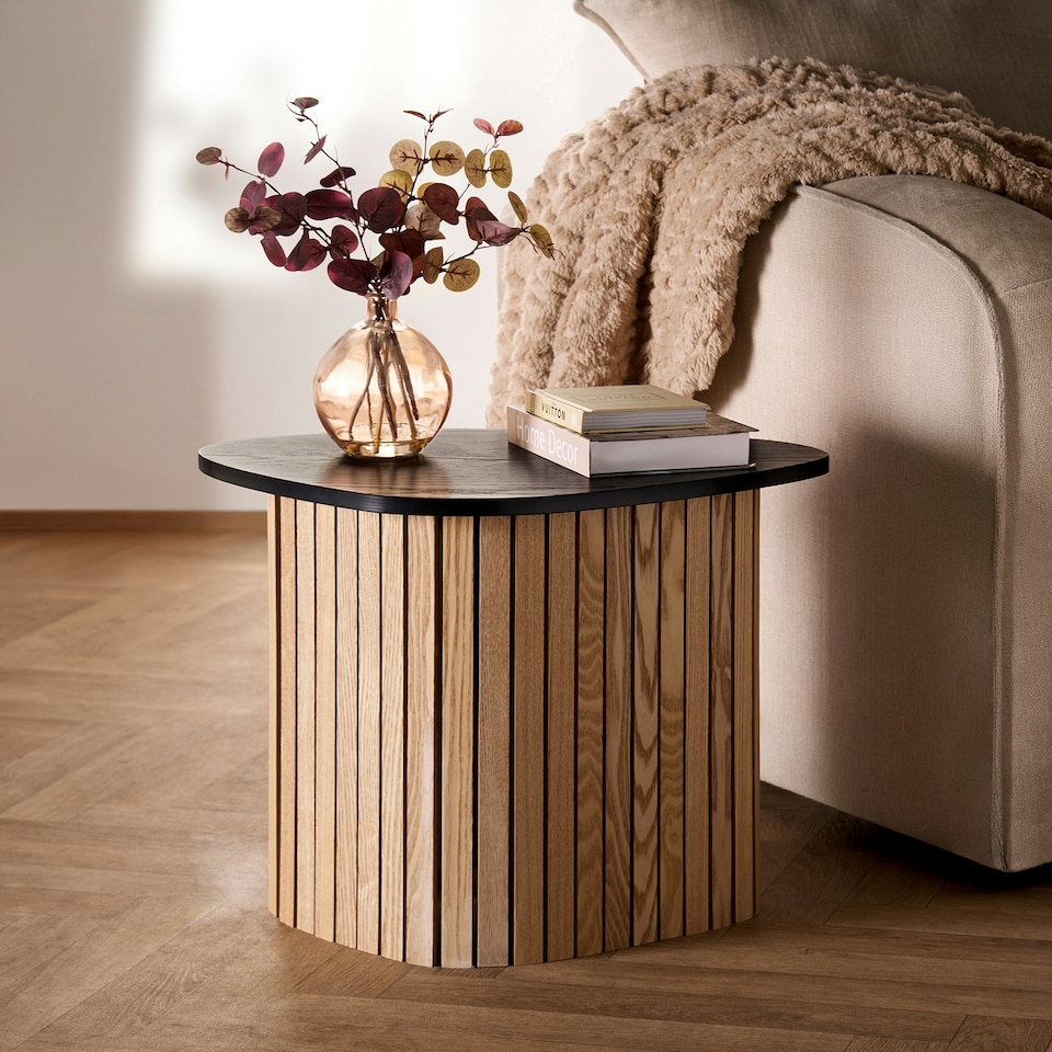 image 1 of OHS Ribbed Round Oval Home Living Room Modern Decor Coffee Side End Table Multi | Light Wood and Black