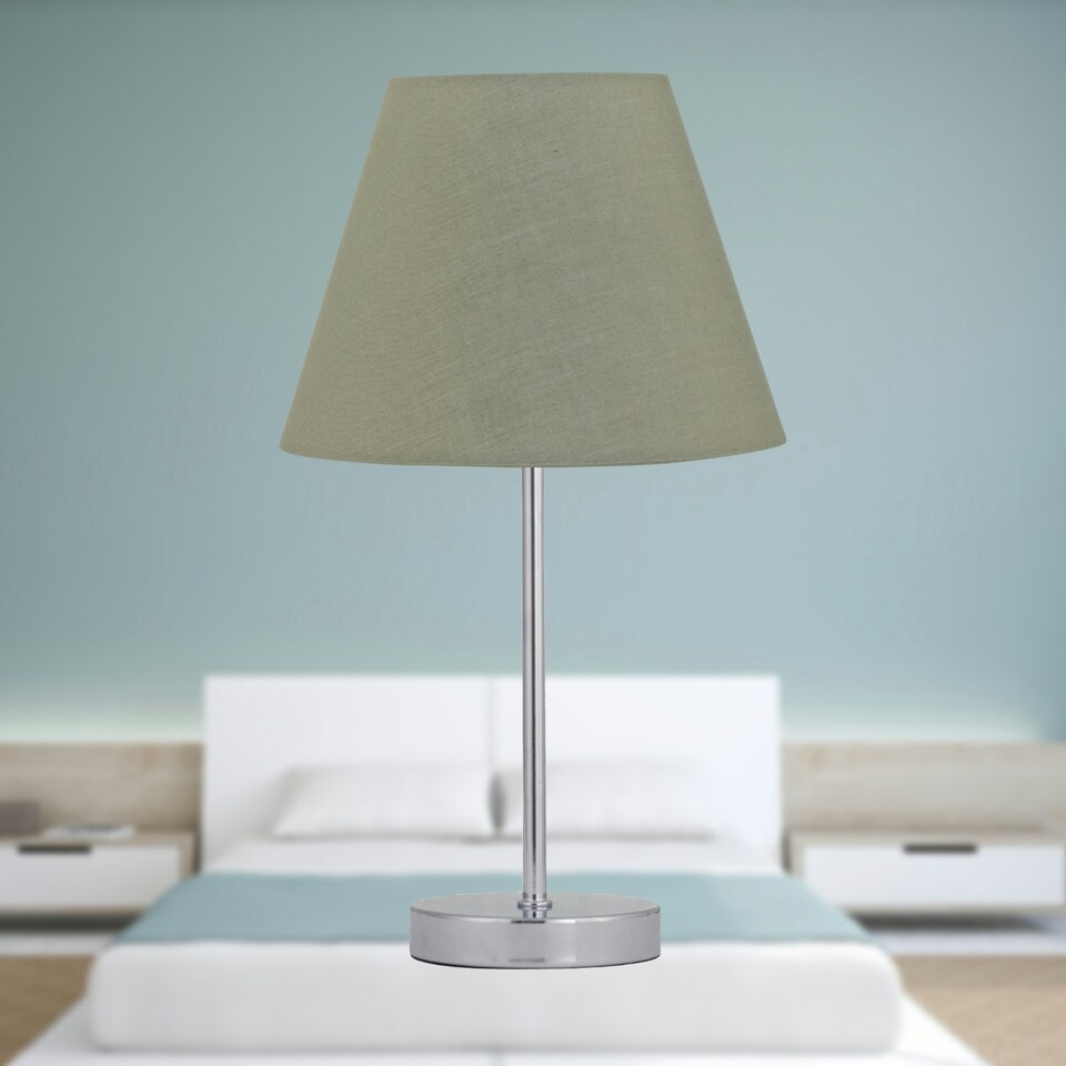 image 1 of Set of 2 Chrome Stick Table Lamps with Sage Green Fabric Shades Chrome | Green