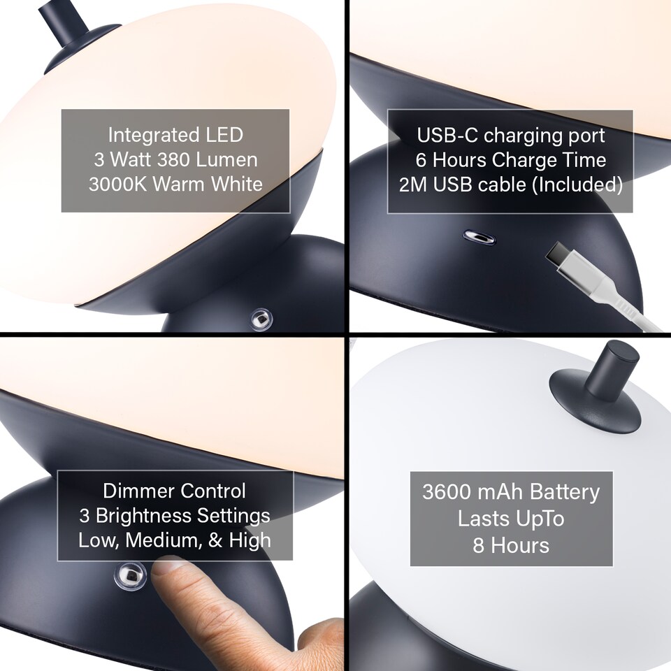 image 1 of Black Domed Rechargeable Touch Dimmable Table Lamp with Frosted Glass Shade | Black