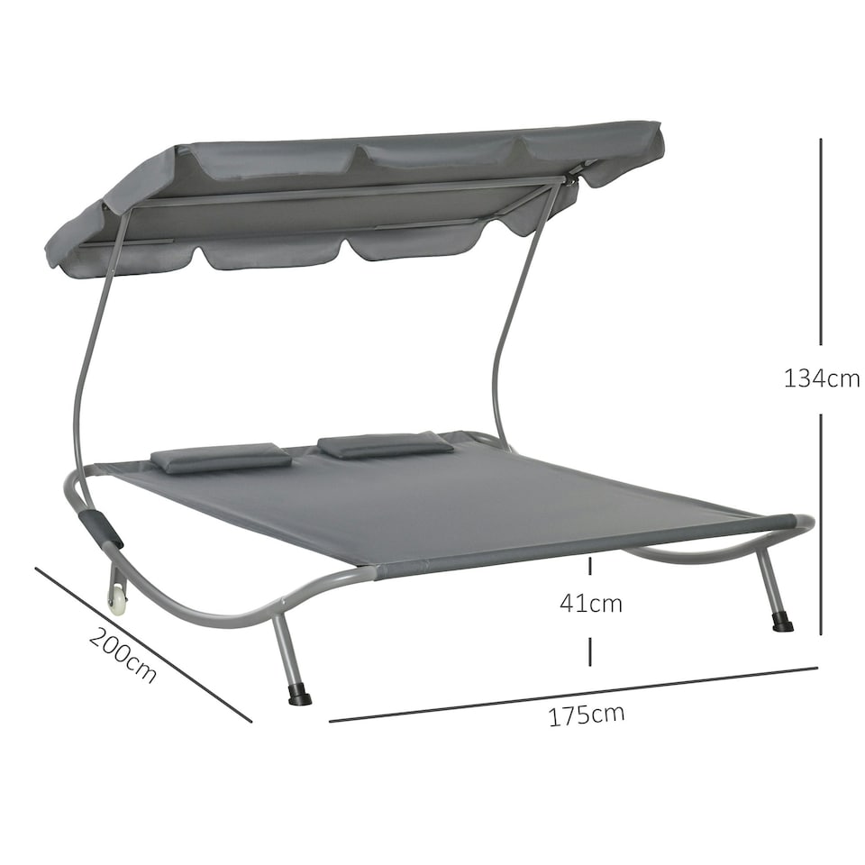 image 1 of Outsunny Garden Double Hammock Sun Lounger Day Bed Canopy W/ Stand & 2 Pillows