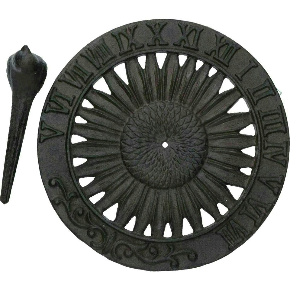 image 1 of Bird Sundial Ornament Cast Iron Garden Feature Statue Sunflower Clock Metal Brown