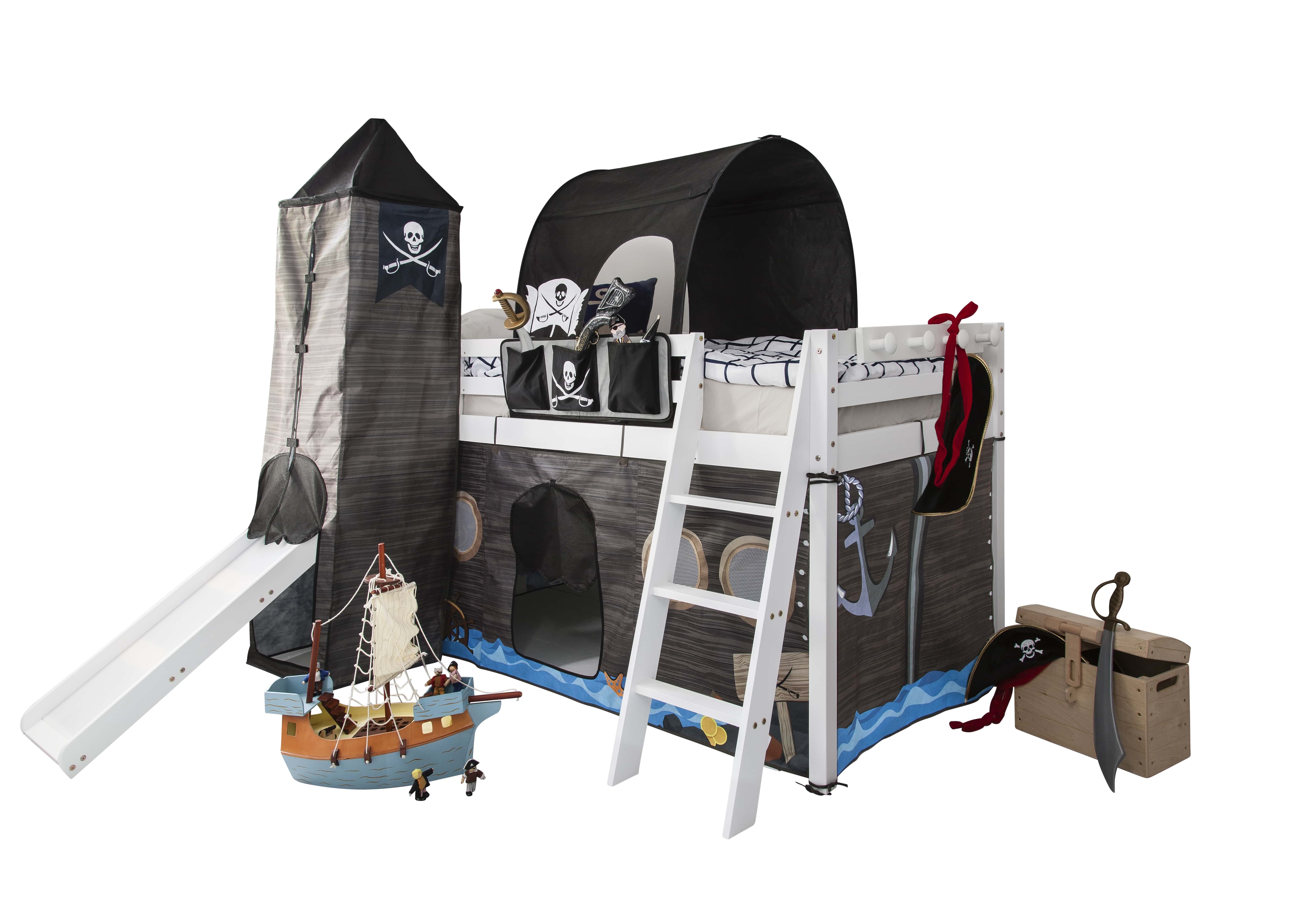 Moro Kids Cabin Bed Midsleeper with Slide & Pirate Hideaway Tent, Tower & Tunnel in White