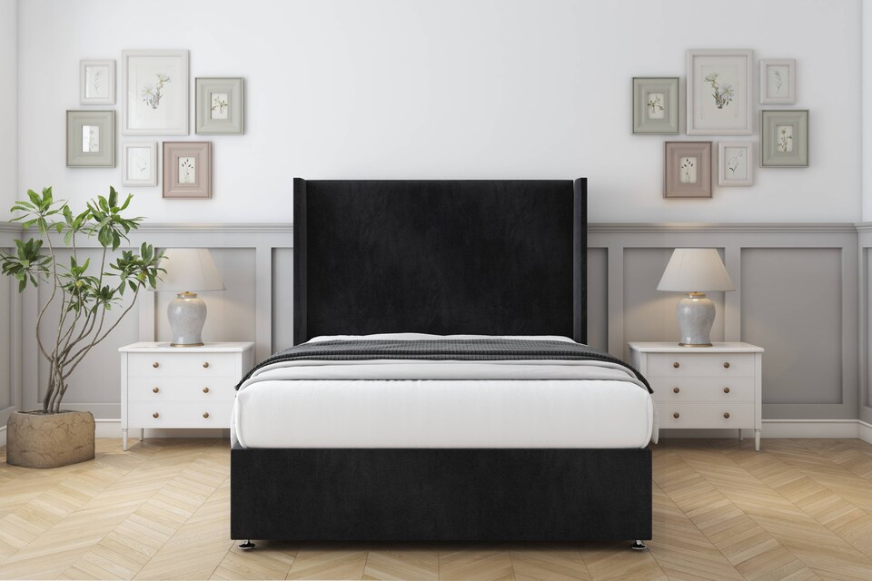 image 1 of Sloomy Devonshire Black Naples Divan Bed Base 2 Drawers Foot-End With 54 Inch Wingback Headboard | Black | Black | Super King | 1