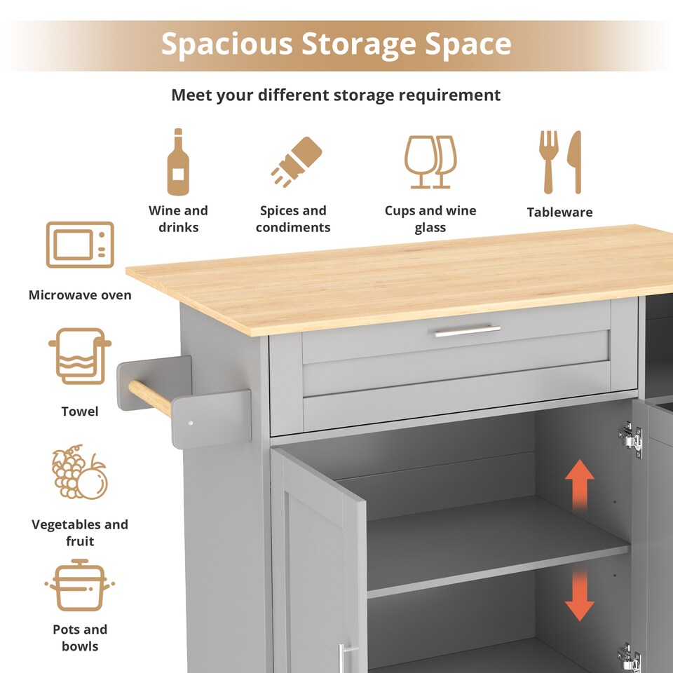 image 1 of VILUXE Mobile Kitchen Island with Foldable Worktop, Drawer, Adjustable Cabinets, 3 Door Spice Racks, Towel Rail and 5 Wheels, Grey