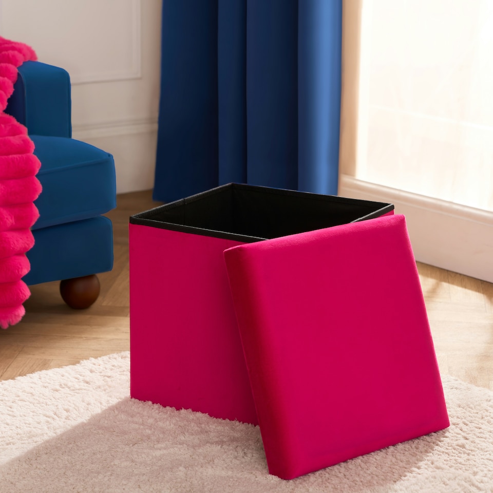 image 1 of OHS Matte Velvet Soft Foldable Cube Footstool Seat Storage Organiser Ottoman Pink | Bright Pink