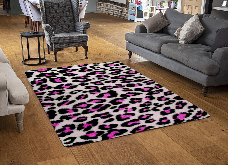 image 1 of Pink Fluffy Leopard Rug | Multi