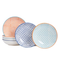 Nicola Spring Hand-Printed Pasta Bowls - 22cm - 3 Colours - Pack of 6 | Multi | Multi