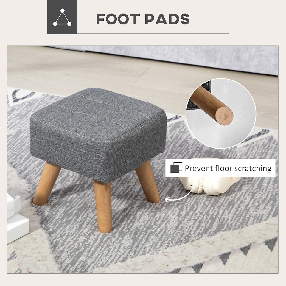 image 1 of HOMCOM Modern Tufted Footstool, Fabric Foot Stool with Rubber Wood Legs, Padded Seat, for Living Room, Bedroom, Entryway, Grey | Grey