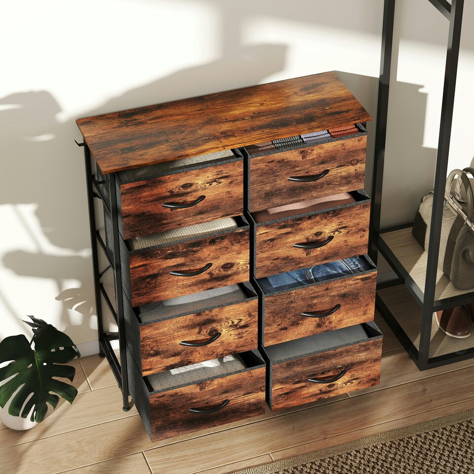 image 1 of HOMCOM Fabric Chest of Drawers, 8 Drawer Dresser for Bedroom, Rustic Brown Brown | Black