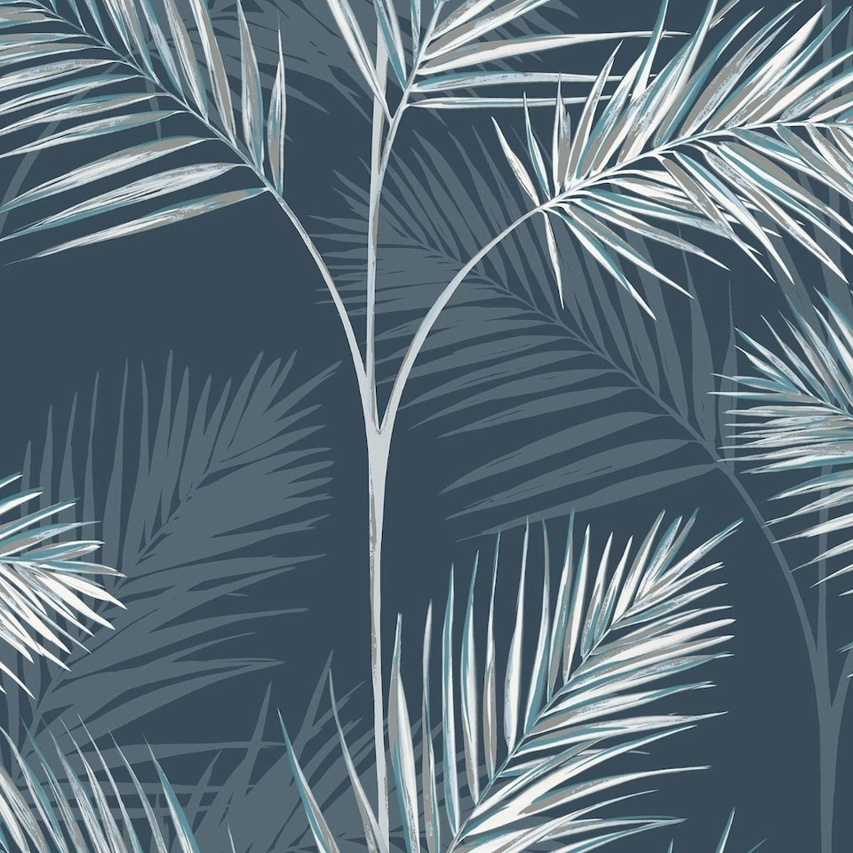 image 1 of Fine Decor South Beach Palm Leaf Wallpaper - Navy Blue - One Size | Blue
