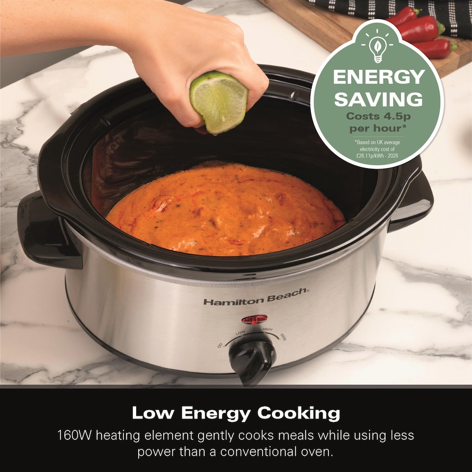 image 1 of Hamilton Beach Slow Cooker, 3.5 Litres, Comfort Cook, 160W, Stainless Steel, Energy-Efficient, Removable Oven-Safe Ceramic Bowl, 3 Heat Settings, Serves 2-4 People, Easy Clean, Silver - HBSC040S